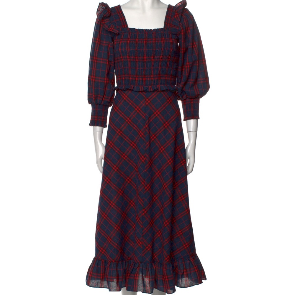 HUNTER BELL Blue and Red Midi Sundress with Bishop Sleeves